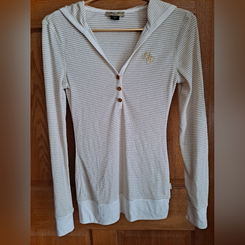 Guess Cream and Gold Hooded Striped Top - Picture 2 of 8